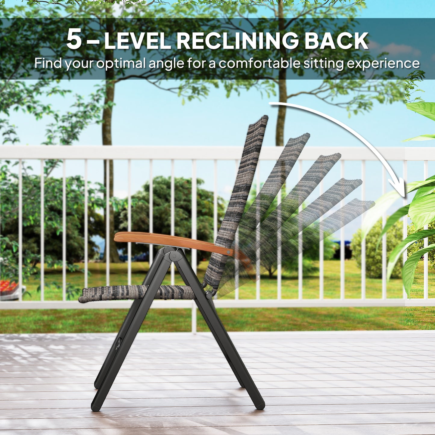 Outsunny Folding Rattan Garden Dining Chair with 5-level Reclining High Back, Wood Armrests for Outdoor, Patio - Mixed-grey