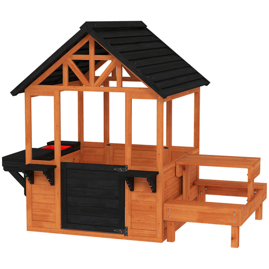 Photo of AIYAPLAY Wooden Playhouse Playhouse for Kids with Table, Benches, Sink Table, Windows, Flowerpot Holders, for Ages 3-8, Brown in Brown colour on a white background