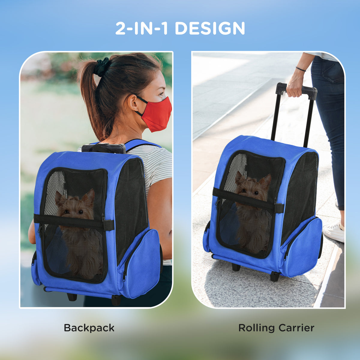 PawHut 2 in 1 Dog Backpack and Trolley, Pet Travel Backpack Cat Dog Carrier with Telescopic Handle, Portable Pet Stroller Wheel Luggage Bag (Blue)