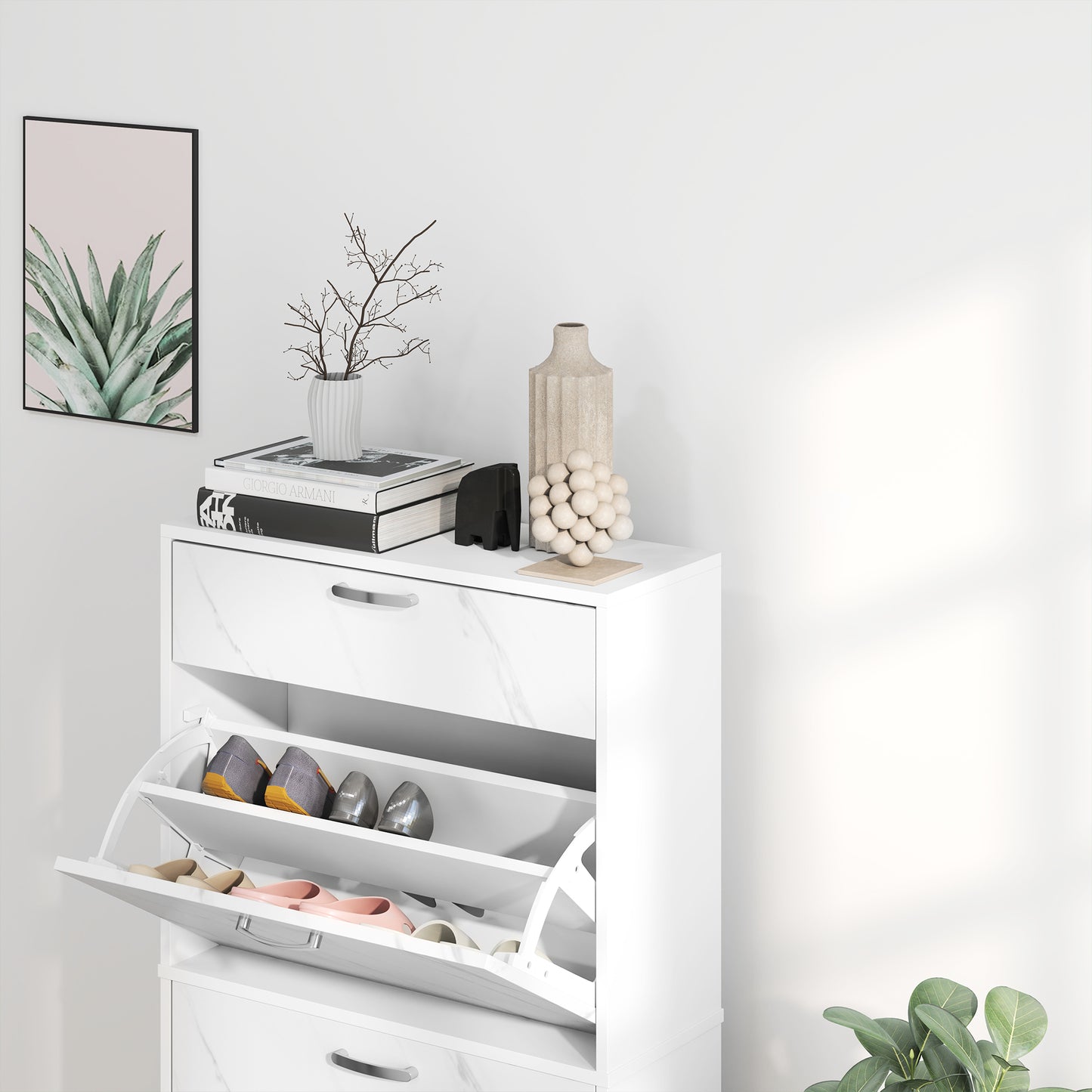 HOMCOM Marble Shoe Storage Cabinet with 3 Flip Drawers, Hallway Cabinet with Top Drawer and Adjustable Shelves, Shoe Cupboard for 18 Pairs, White