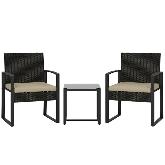 Photo of Outsunny Rattan Bistro Set, 3 Piece Garden Furniture Set with Glass Top Table and Cushions, Khaki in Khaki colour on a white background