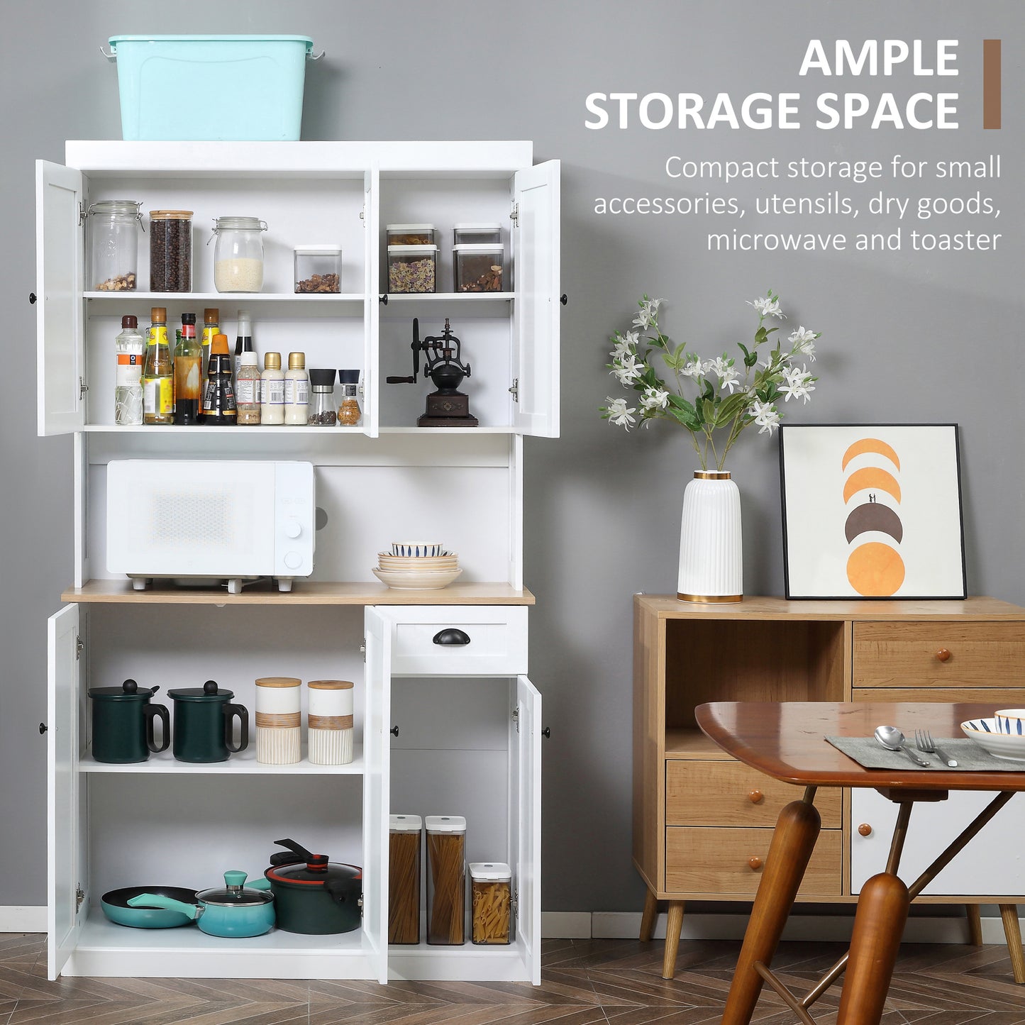 HOMCOM 180cm Freestanding Kitchen Cabinet, Modern Storage Cupboard with Open Countertop, Drawer and 6 Doors, White