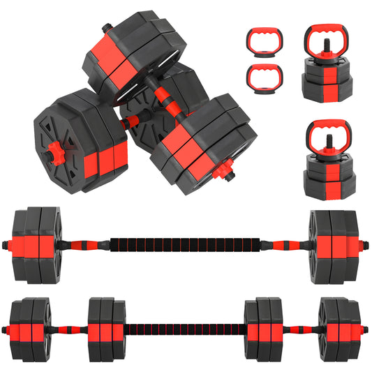 Photo of SPORTNOW 6-in-1 Adjustable Weight Dumbbells Set, Used as Kettlebell, Barbell, Dumbbell, Push-Up Stand, 30kg Free Weights Set for Men and Women Home Gym Training, Red in Red colour on a white background