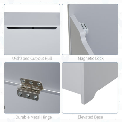 Toy chest details include a U-shaped pull, magnetic lock, metal hinge and raised base