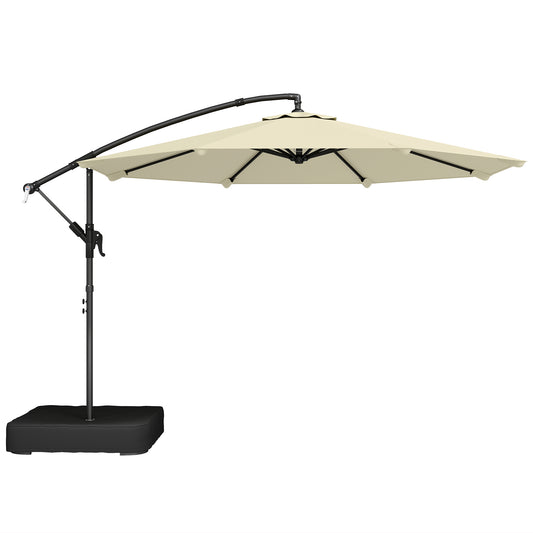 Photo of Outsunny 3 m Garden Cantilever Parasol with Cross Base, Sandbag, 360° Rotating Overhanging Banana Umbrella, Beige in Beige colour on a white background