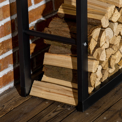 Close-up of the black metal rack's side supports and stacked firewood