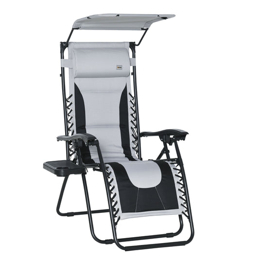 Photo of Outsunny Zero Gravity Lounger Chair, Folding Reclining Patio Chair with Shade Cover, Padded Seat, Cup Holder, Soft Cushion and Headrest for Poolside, Camping, Grey in Grey colour on a white background