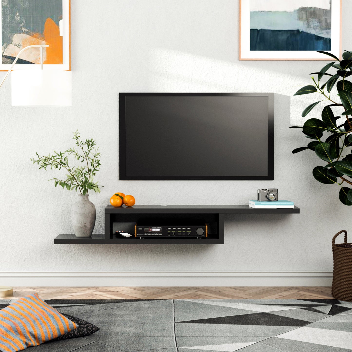 HOMCOM Floating TV Unit, Wall Mounted TV Stand with Open Shelf and 2 Cable Holes, Entertainment Unit for Living Room, Black