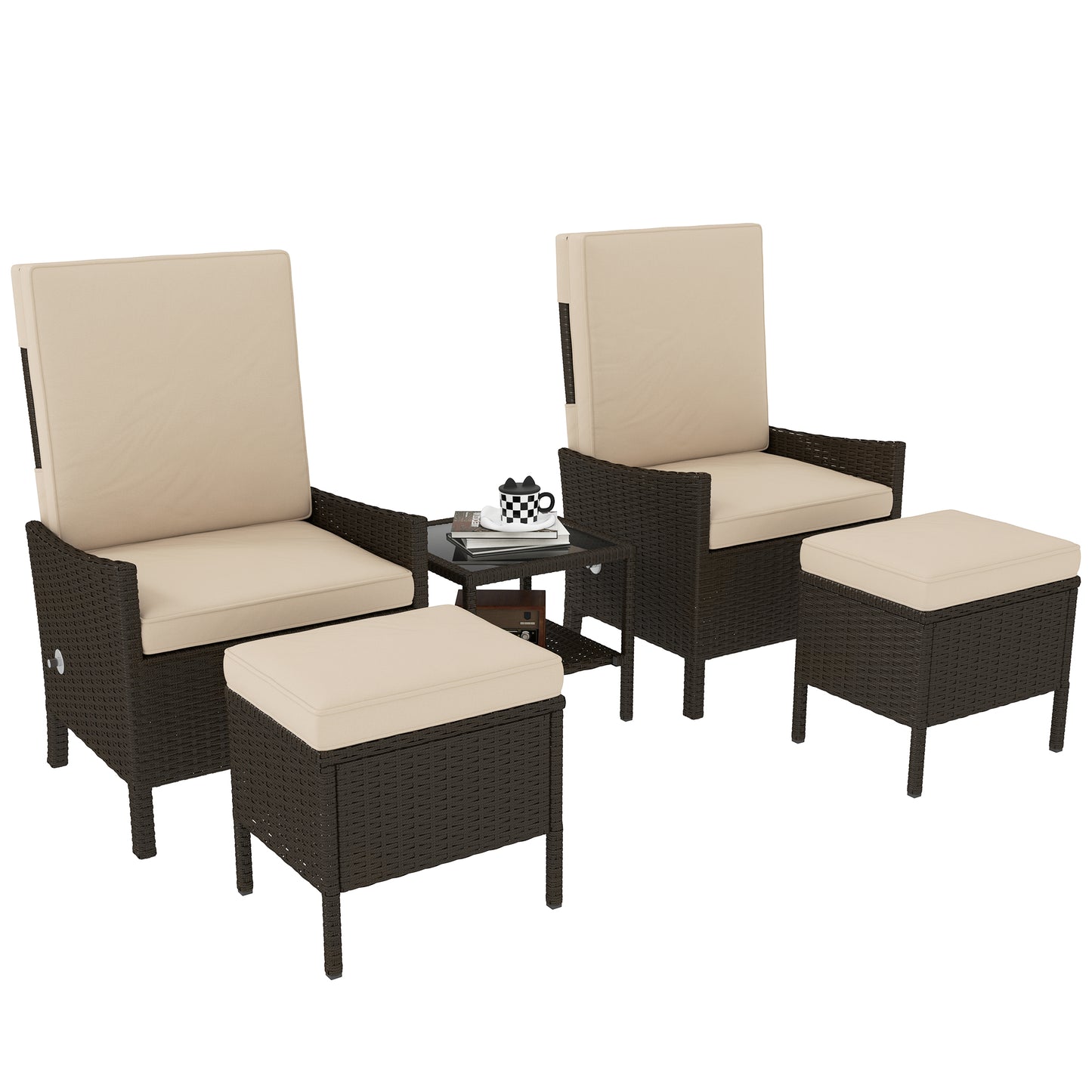 Photo of Outsunny 5 Piece Rattan Garden Furniture Set, Wicker Patio Sofa Set with 2 Armchairs, 2 Footstools, Glass Top Coffee Table with Shelf, Outdoor Furniture with Adjustable Backrests, Cushions, Khaki in Khaki colour on a white background