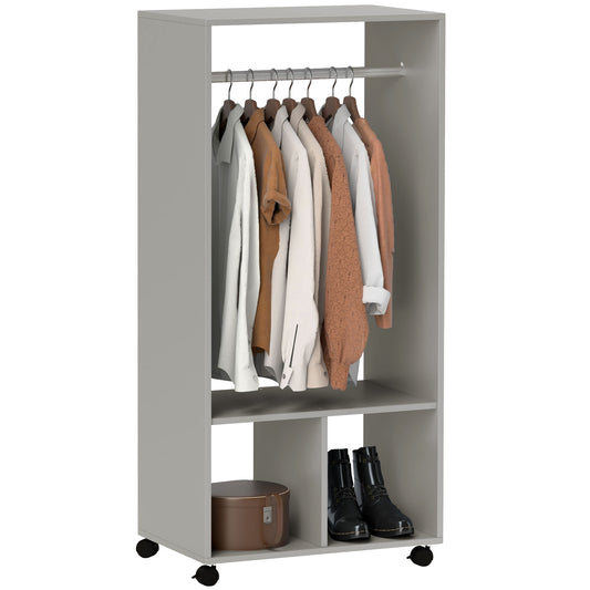 Photo of HOMCOM Open Wardrobe on Wheels, Bedroom Wardrobe with Clothes Hanging Rail, 2 Storage Shelves, Mobile Garment Rack for Cloakroom, Hallway, Grey in Grey colour on a white background
