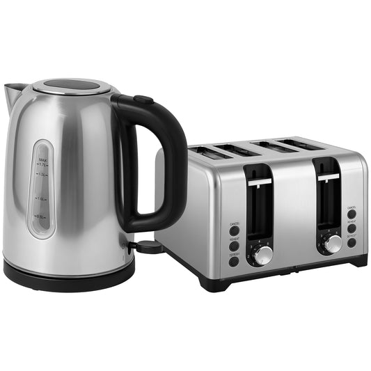 Photo of HOMCOM Kettle and Toaster Set, 1.7L 3000W Rapid Boil Jug Kettle with Otter Thermostat, Limescale Filter, 4 Slice Toaster with 7 Browning Controls, Crumb Tray, LED Strip, Silver Tone in Tone colour on a white background