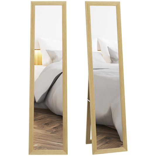 HOMCOM full-length mirror with natural wood frame, shown upright and angled.