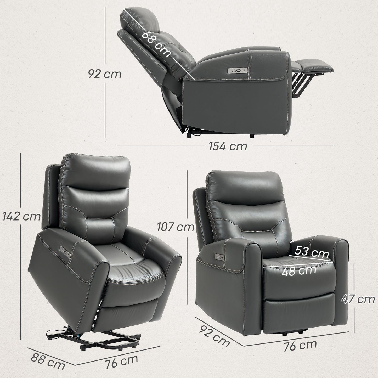 HOMCOM Power Lift Recliner Chair for Elderly, Overstuffed Faux Leather Riser and Reclining Chair with USB A+C Ports, Recliner Armchair for Living Room, Charcoal Grey