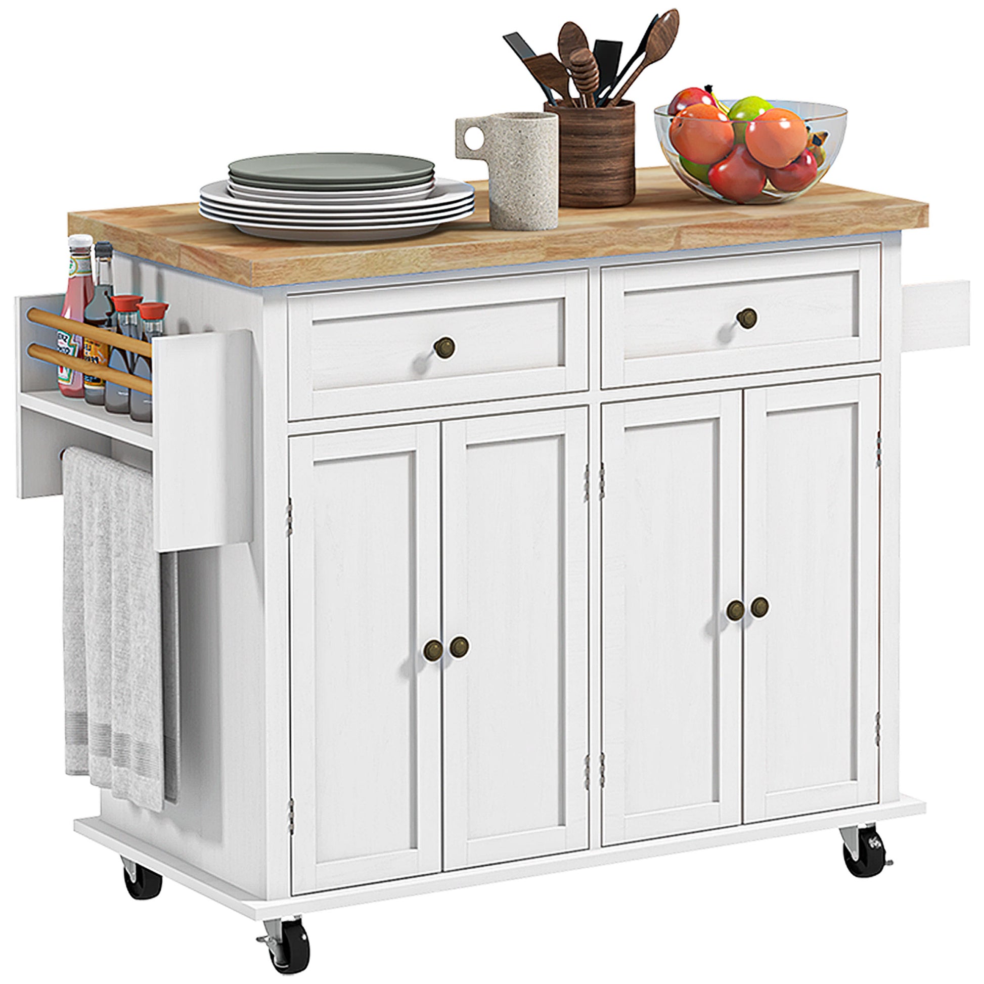 Photo of HOMCOM Rolling Kitchen Island Storage Trolley with Rubber Wood Top & Drawers for Dining Room, White in White colour on a white background