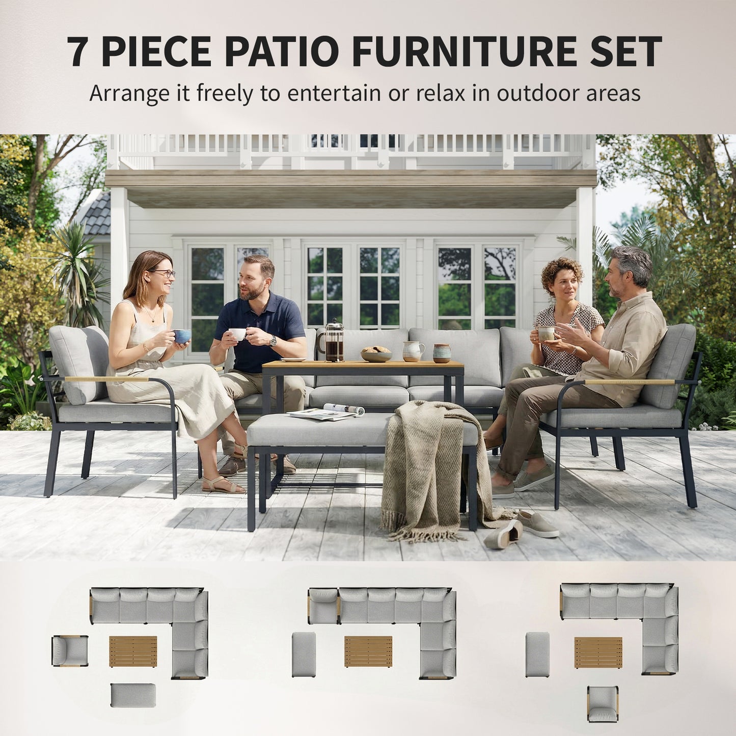 Outsunny 7 Seater Garden Furniture Set, Metal Garden Sofa Set with Cushions, Outdoor Furniture Conversation Sets, Light Grey