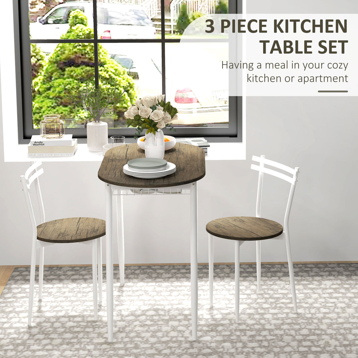 HOMCOM oval dining table set with two matching chairs, dark wood-look tops, and white frames