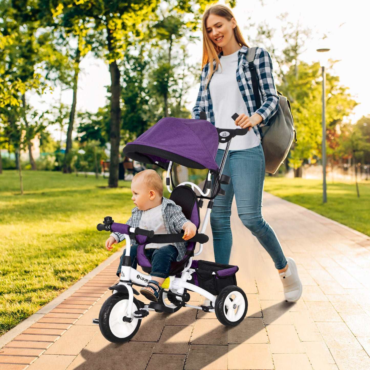 HOMCOM 6 in 1 Kids Trike Push Bike w/ Push Handle, Canopy, 5-point Seat Belt, Storage, Footrest, Brake, for 1-5 Years, Purple