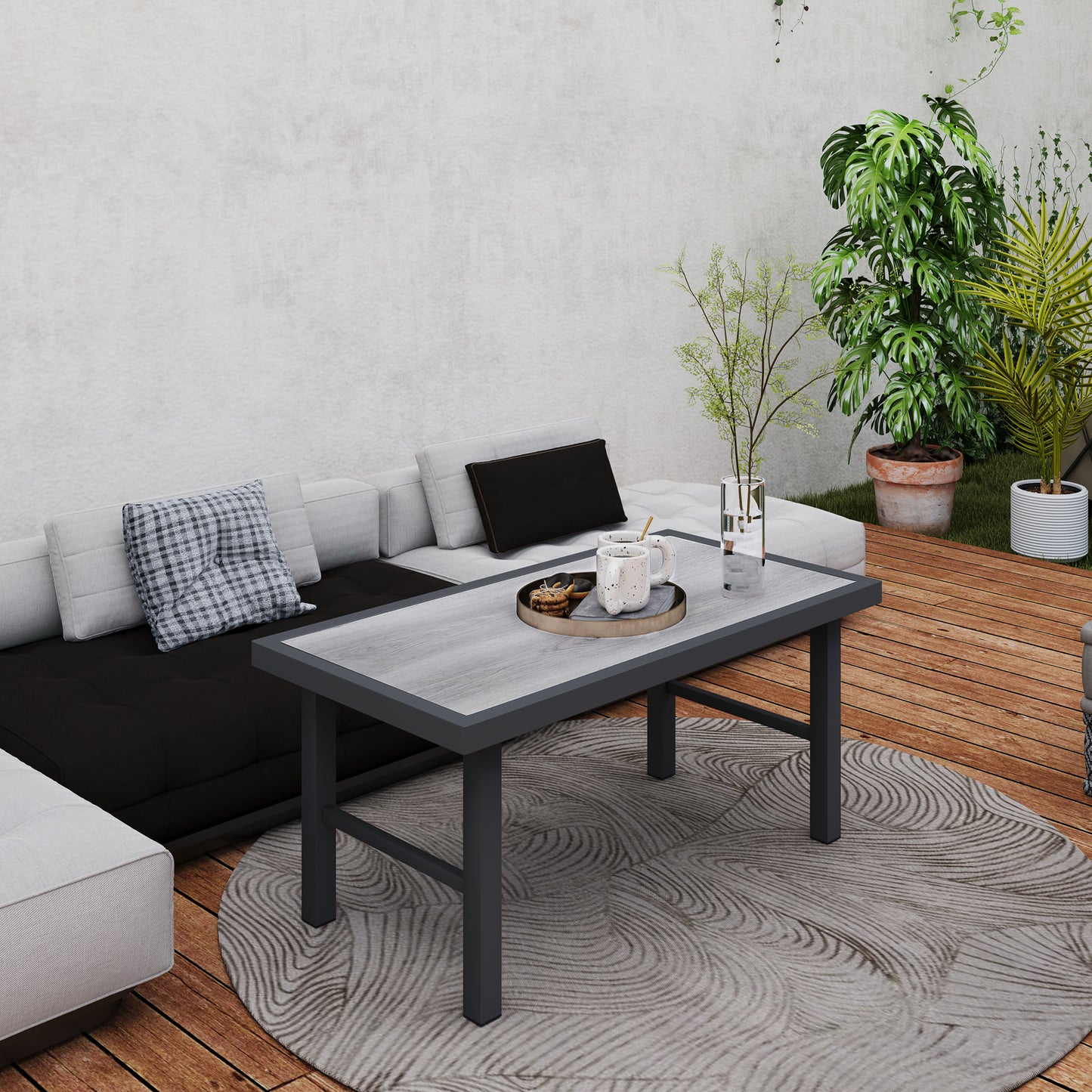 Outsunny Metal Garden Coffee Table, Outdoor Side Table with SPC Woodgrain Tabletop for Outside, Garden, Balcony, Porch, 100 x 53 x 46cm, Grey