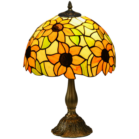Photo of HOMCOM Tiffany Stained Glass Table Lamp, Handmade Antique Bedside Lamp for Bedroom, Living room, Home, Nightstand, Decorative Night Light, Orange Sunflower in Sunflower colour on a white background