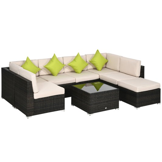 Photo of Outsunny 7-Seater PE Rattan Corner Sofa Set, Garden Furniture Set, Patio Wicker Sofa Seater w/ Cushion, Washable Cushion Cover & Tempered Glass Table, Brown in Brown colour on a white background