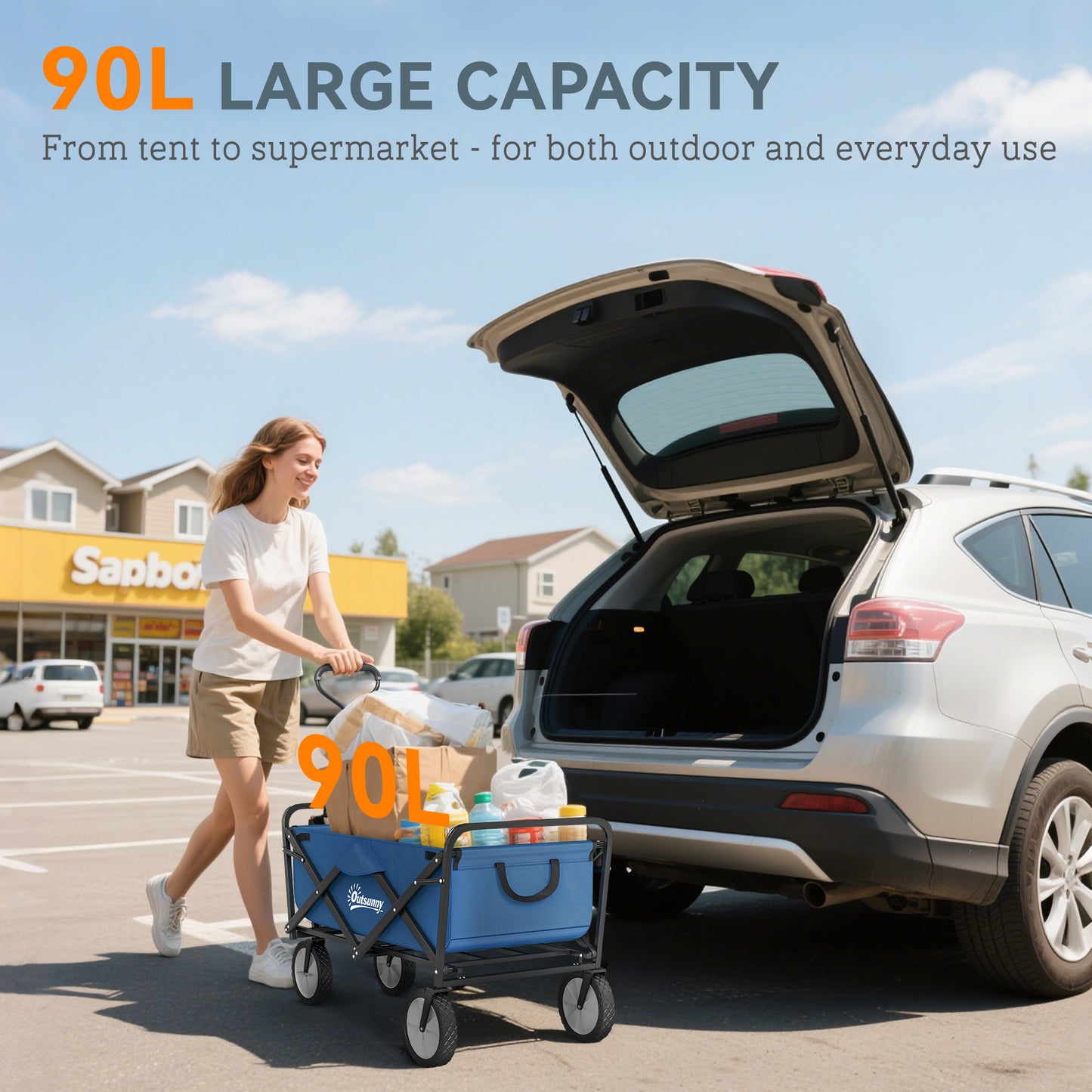 Outsunny 135L Festival Trolley on Wheels, Folding Wagon Camping Trolley Cart with Adjustable Handle, Dual Brakes, Portable Wagon Cart for Outdoor, Garden, Shopping, Fishing, Navy Blue