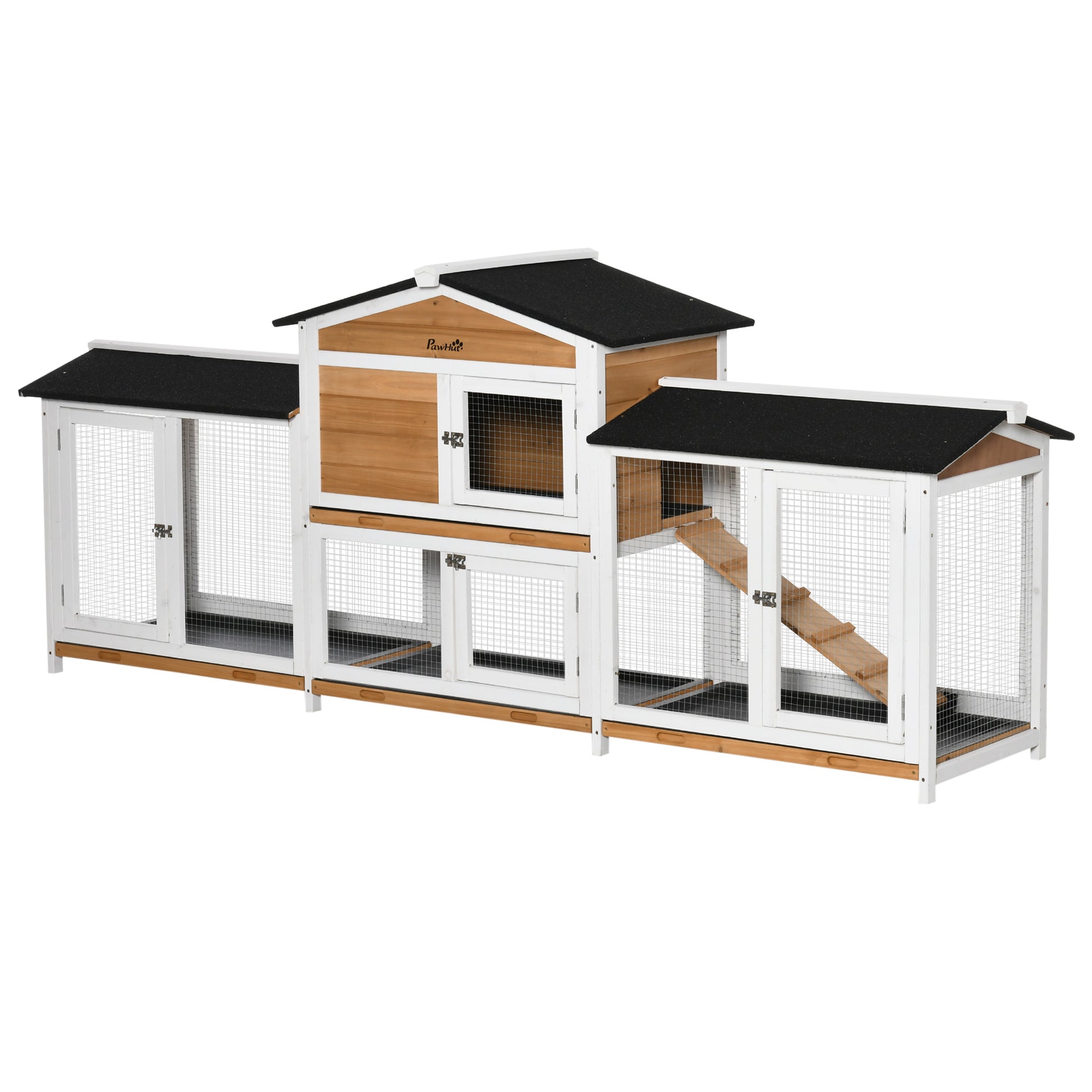 Photo of PawHut 2-Tier Large Rabbit Hutch Outdoor with Double Side Run Boxes, No-leak Plastic Tray, Ramp, 230 x 53 x 93.5cm, White in White colour on a white background