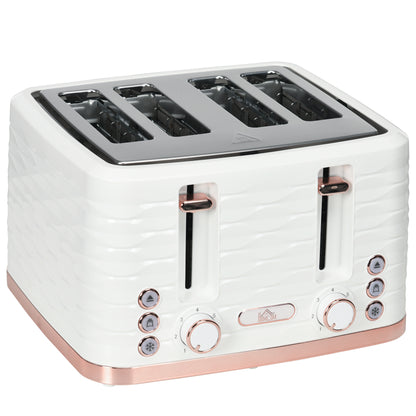 HOMCOM four-slice toaster with white rippled body, rose-gold trim, dual controls and four slots