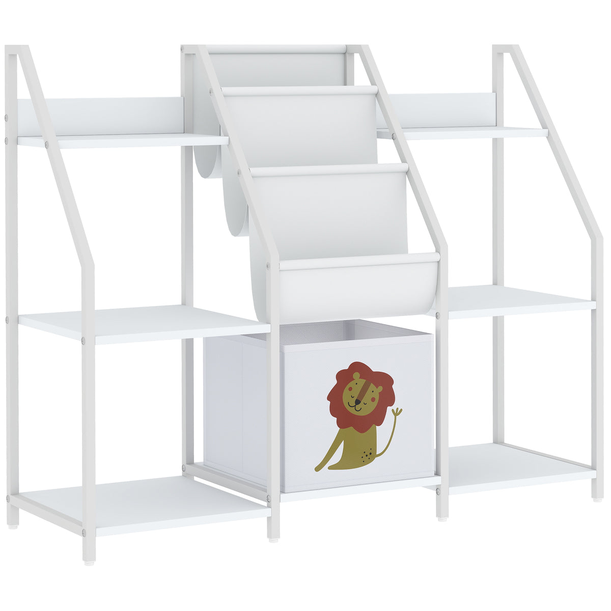 Photo of AIYAPLAY Kids Bookshelf and Toy Storage with 3-Tier Sling Book Rack and Fabric Drawer for Nursery, Bedroom, Playroom, White in White colour on a white background