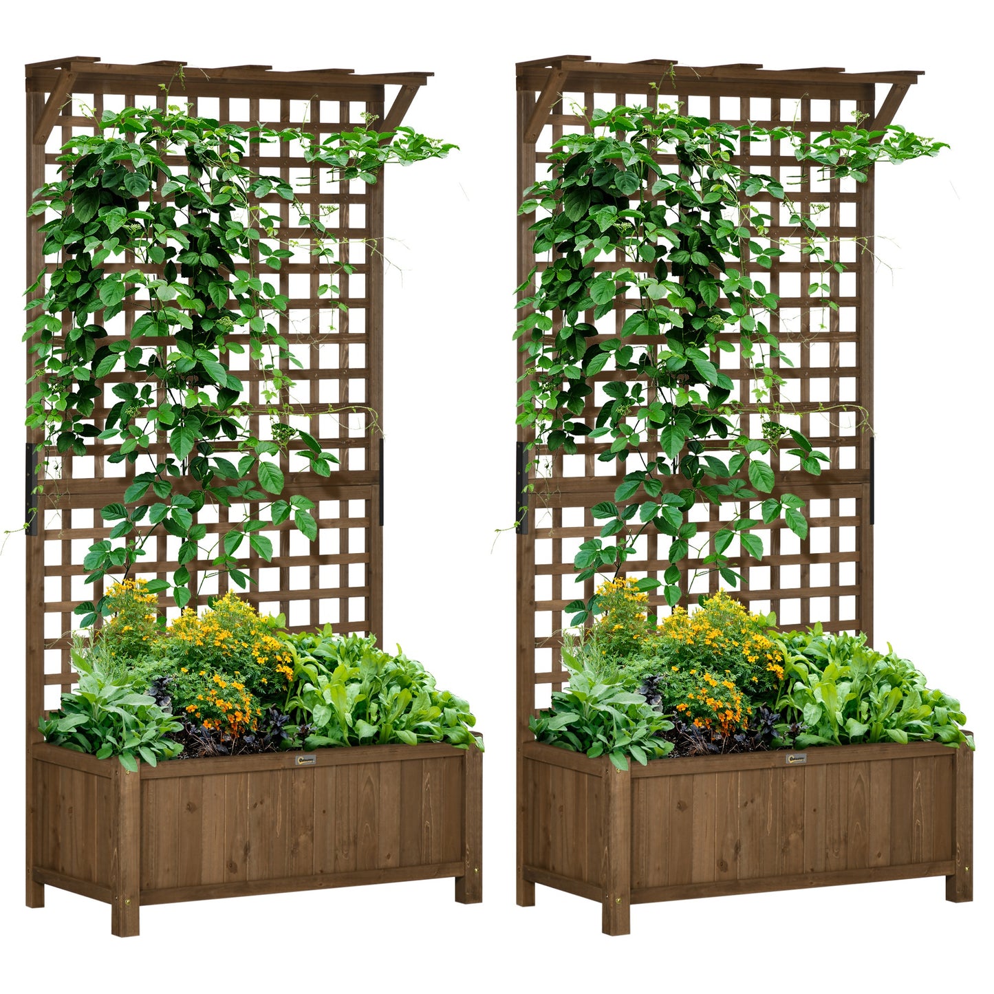 Photo of Outsunny 2 Pcs Raised Bed with Drainage Holes, Wood Planter with Trellis for Climbing Plants to Grow Vegetables, Flowers, Brown in Brown colour on a white background