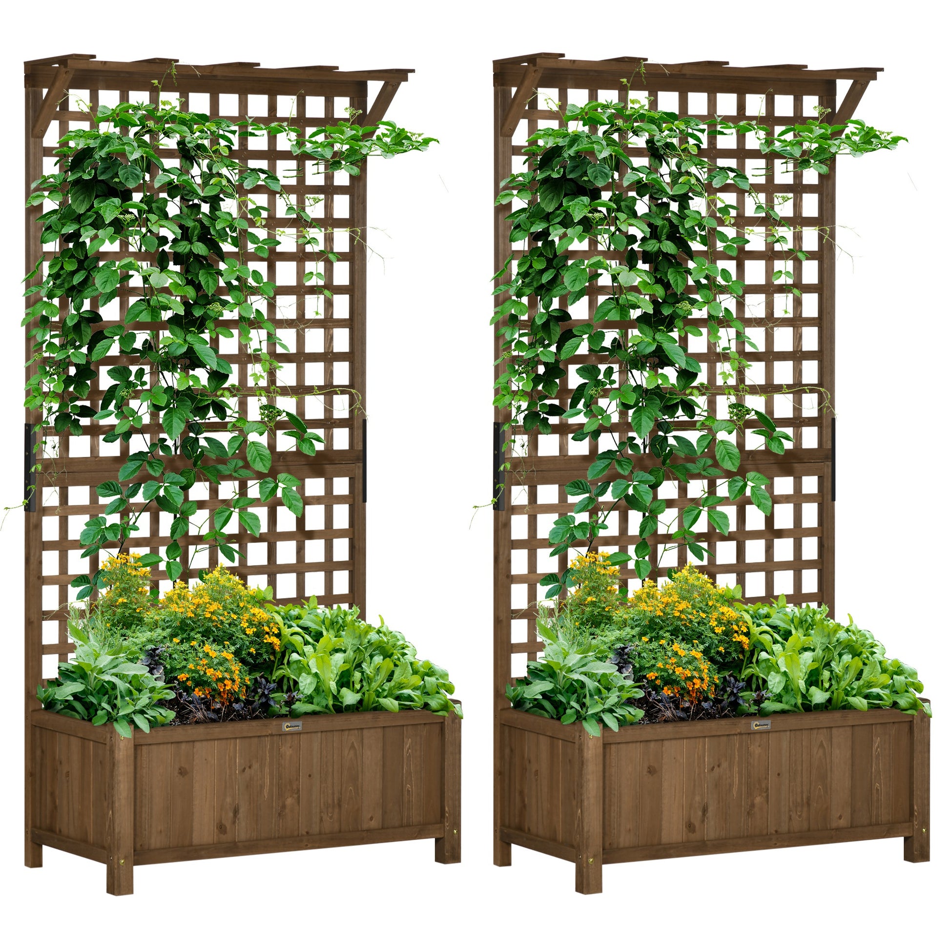 Photo of Outsunny 2 Pcs Raised Bed with Drainage Holes, Wood Planter with Trellis for Climbing Plants to Grow Vegetables, Flowers, Brown in Brown colour on a white background