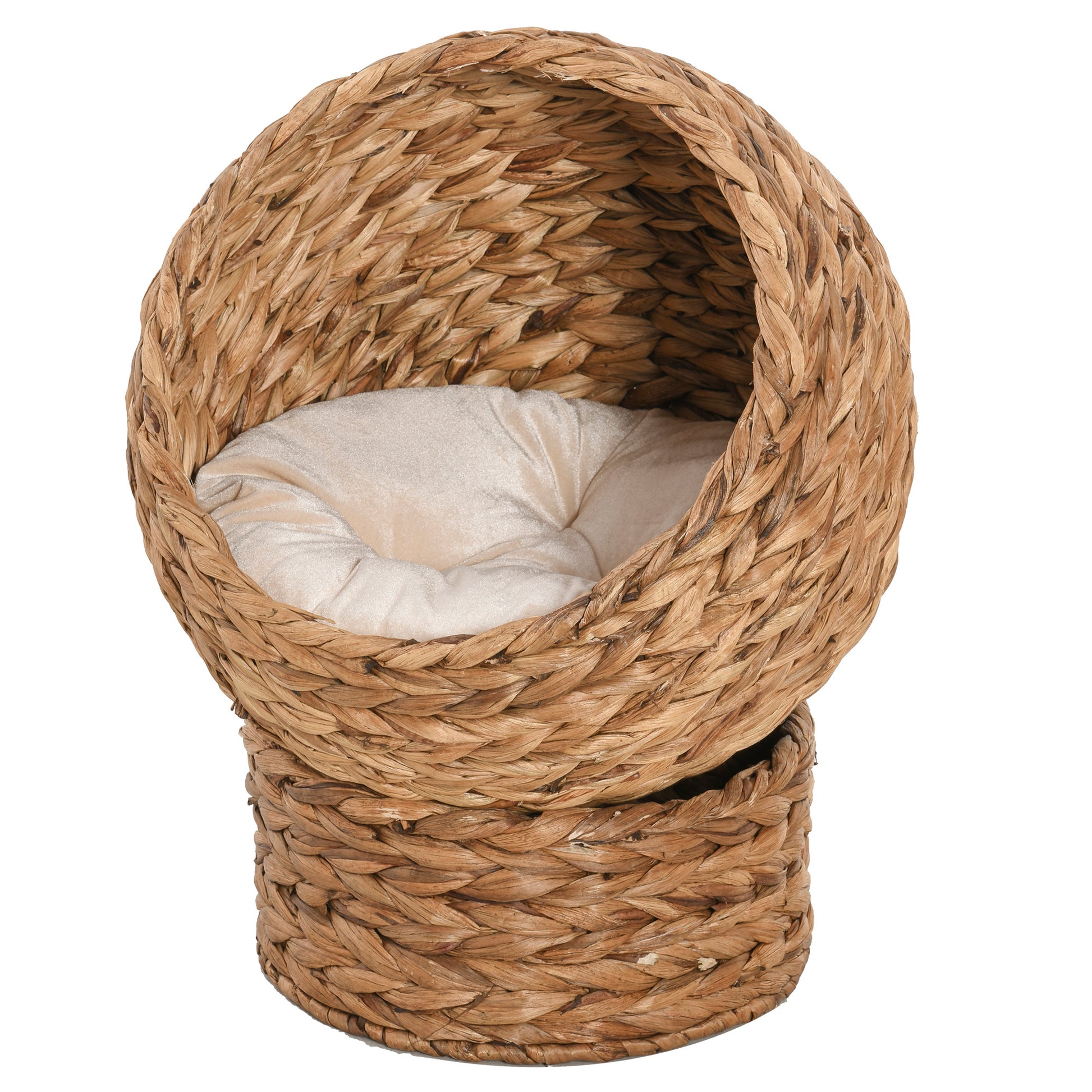 Photo of PawHut Woven Banana Leaf Elevated Cat Bed Wicker Kitten Basket Pet Den, House Cosy Cave with Soft Cushion Dome 50x42x60cm Brown in Brown colour on a white background