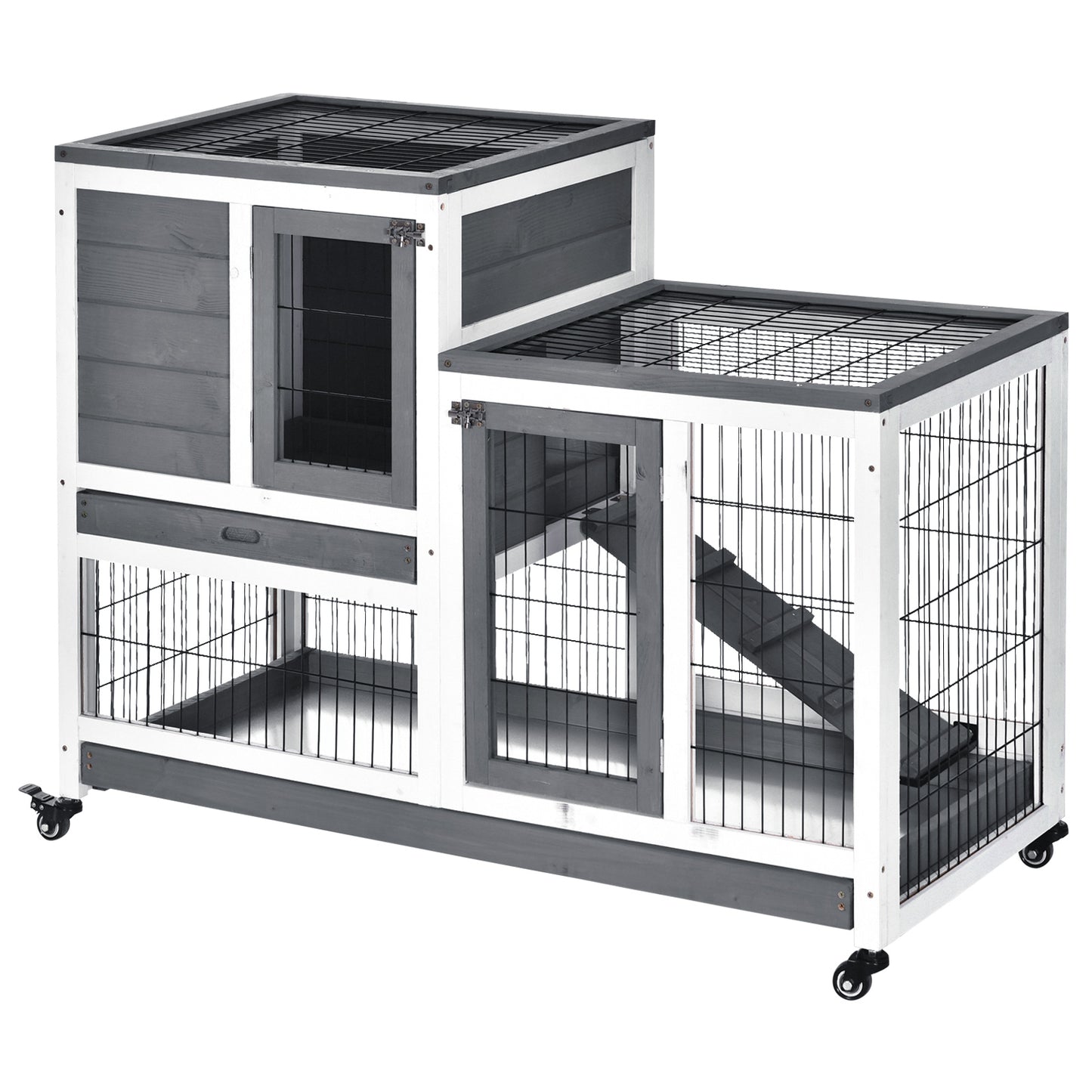 Photo of PawHut Small Animals 2-TierFir Wood Guinea Pigs Hutches Indoor Hutch Grey in Grey colour on a white background