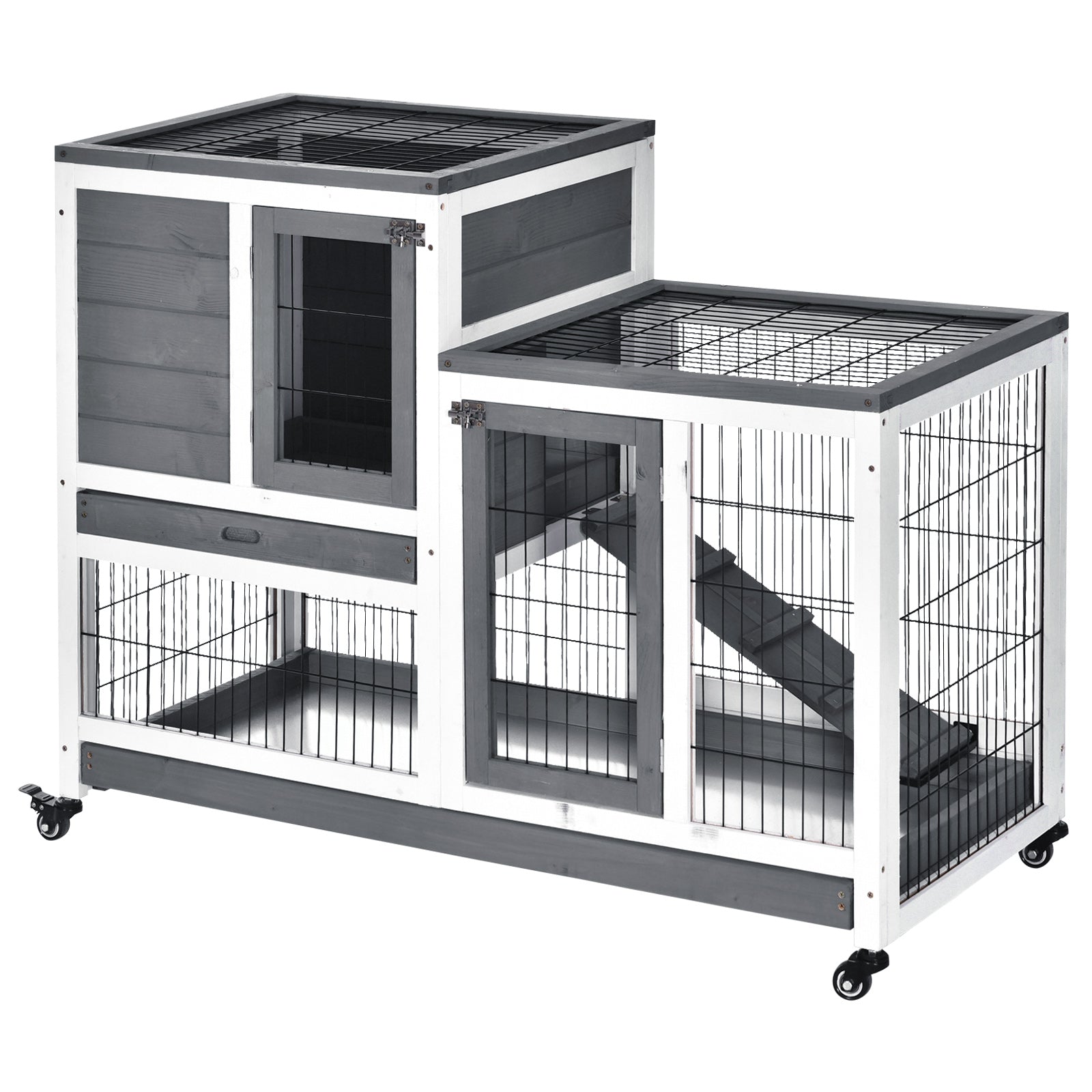 Photo of PawHut Small Animals 2-TierFir Wood Guinea Pigs Hutches Indoor Hutch Grey in Grey colour on a white background