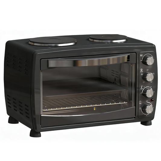 Photo of HOMCOM 36L Small Oven with 2 Hot Plates, Countertop Toaster Oven, Grill, Roast, Bake, Boil, with Timer, Adjustable Temperature, Electric Oven with Baking Tray, Grill Rack, Crumb Tray, 2600W, Black in Black colour on a white background