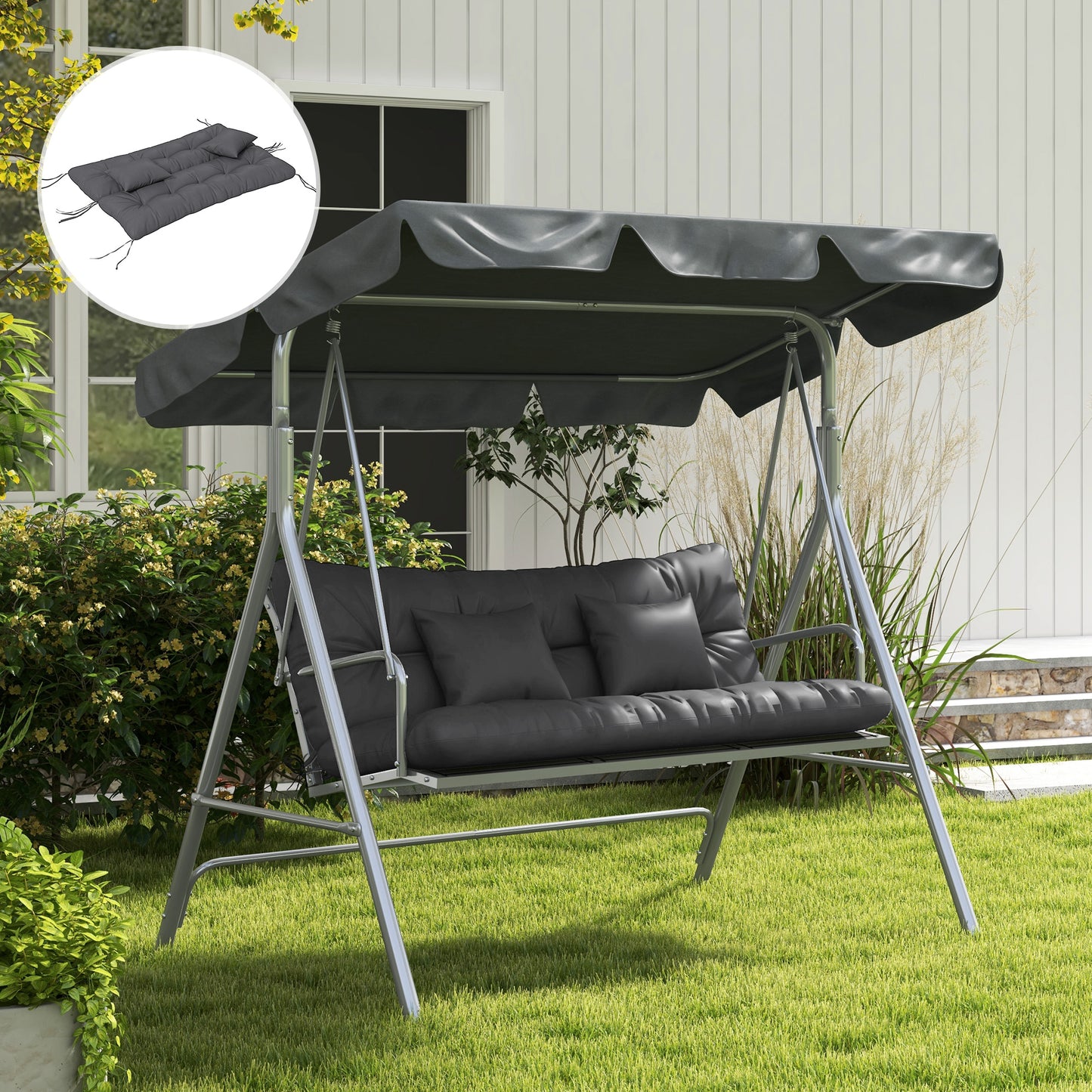 Outsunny Back and Seat Cushion Replacement with 2 Pillows, Patio Chair Cushions Set with Ties, Charcoal Grey
