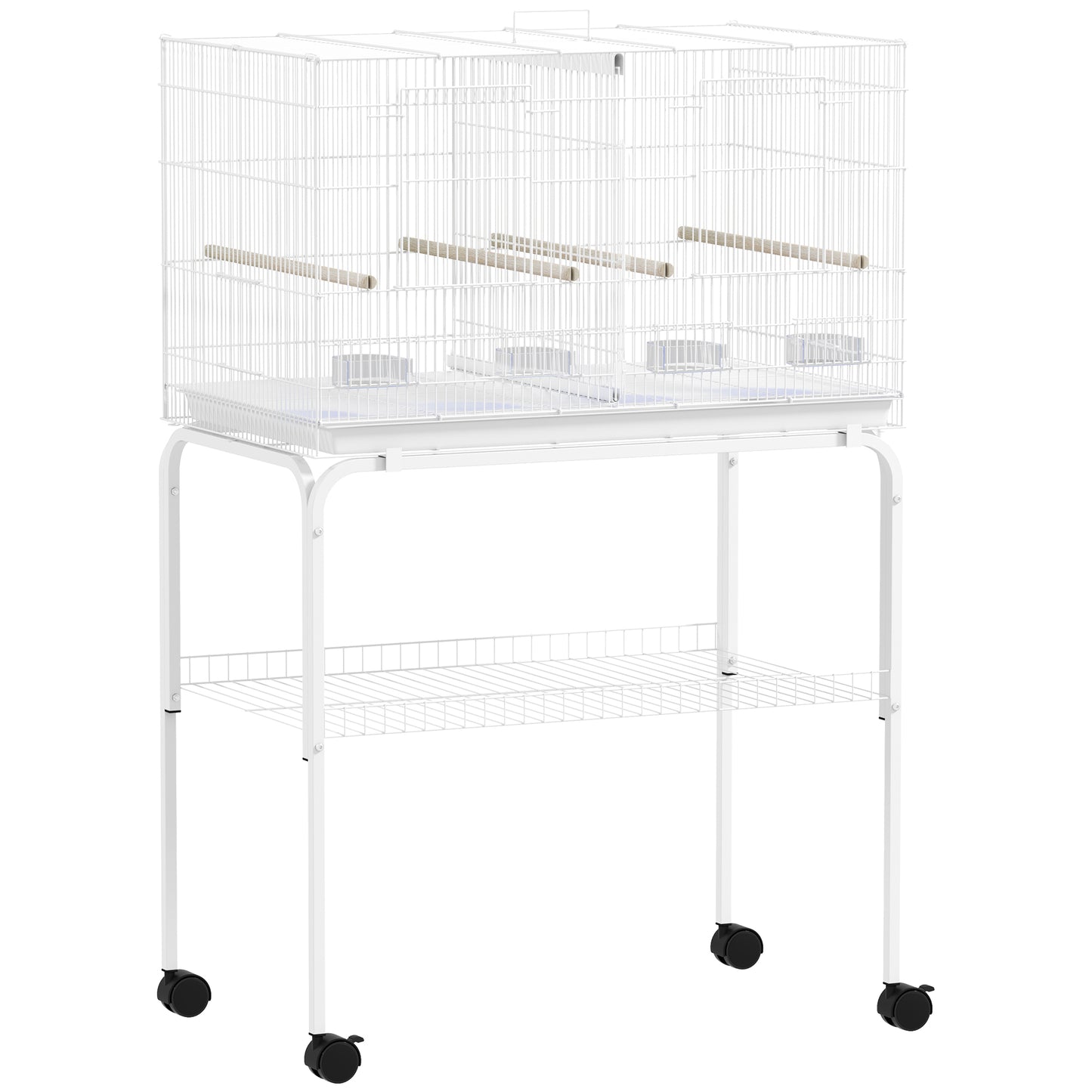 Photo of PawHut Bird Cage with Divider, 4 Wooden Perches, Slide Out Tray, 4 Feeders, for Budgie, Lovebird, Canary, 76 x 46 x 116cm White in White colour on a white background