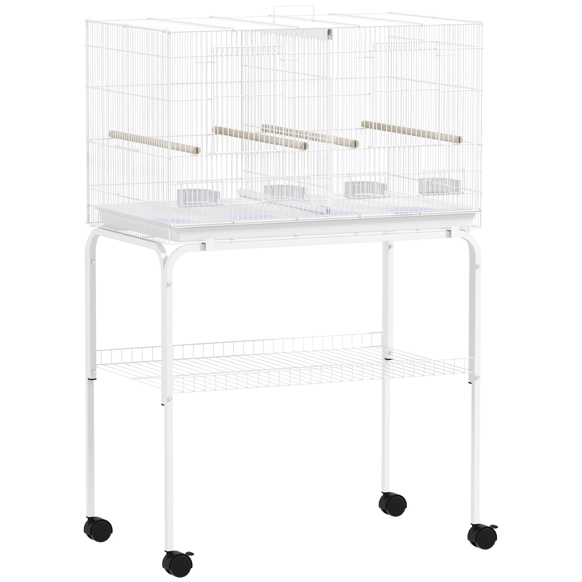Photo of PawHut Bird Cage with Divider, 4 Wooden Perches, Slide Out Tray, 4 Feeders, for Budgie, Lovebird, Canary, 76 x 46 x 116cm White in White colour on a white background