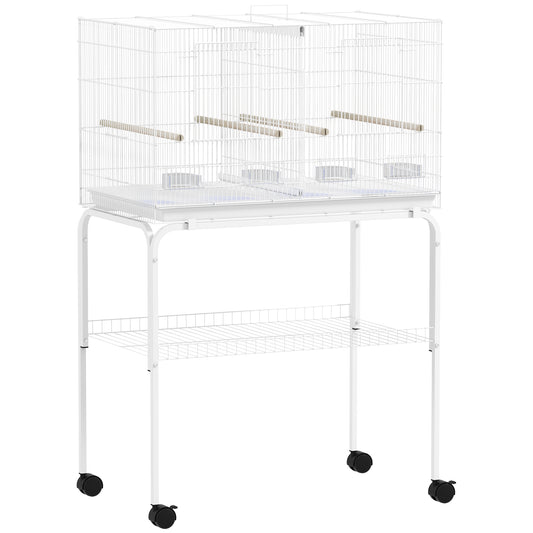Photo of PawHut Bird Cage with Divider, 4 Wooden Perches, Slide Out Tray, 4 Feeders, for Budgie, Lovebird, Canary, 76 x 46 x 116cm White in White colour on a white background