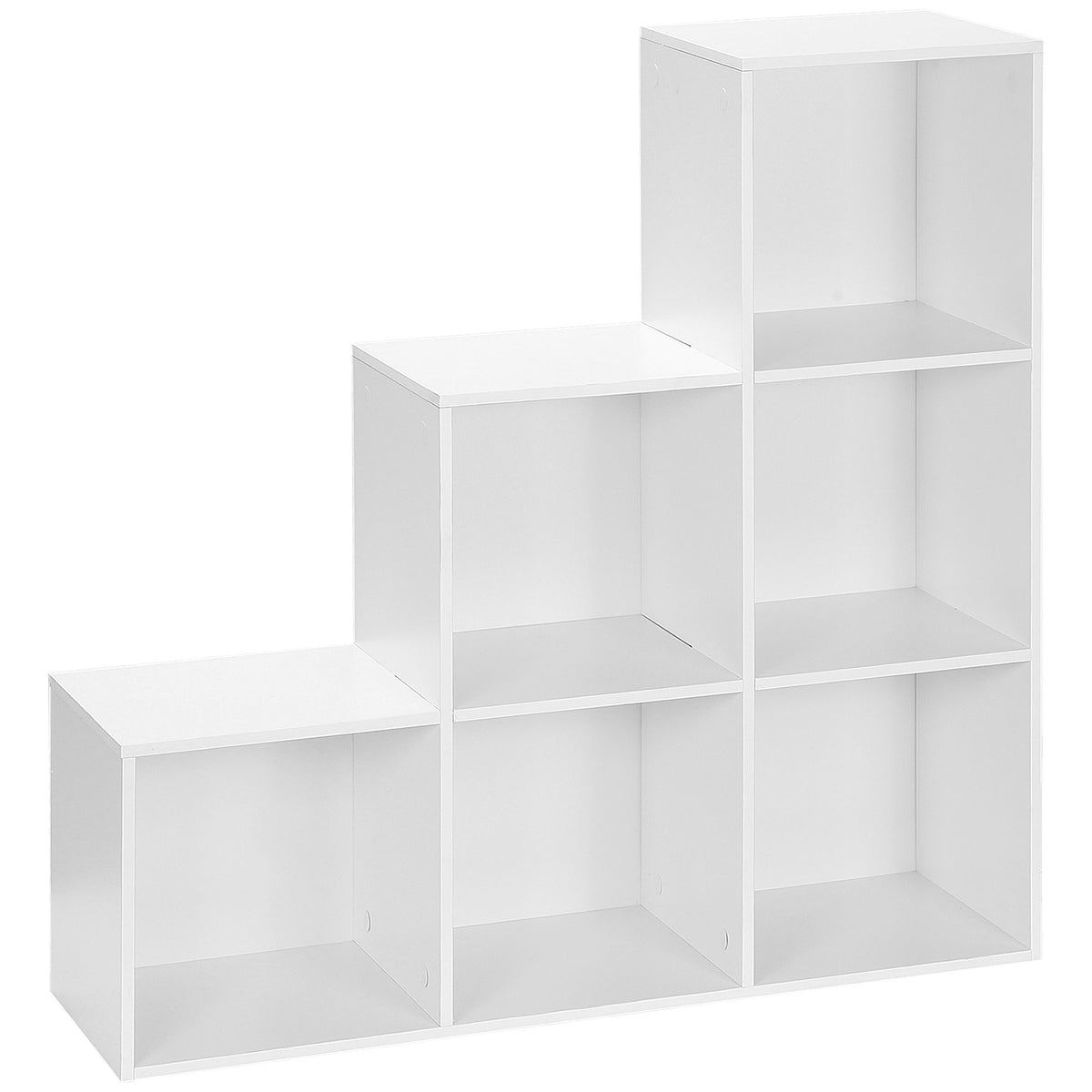 White six-cube bookcase with a three-tier stepped design