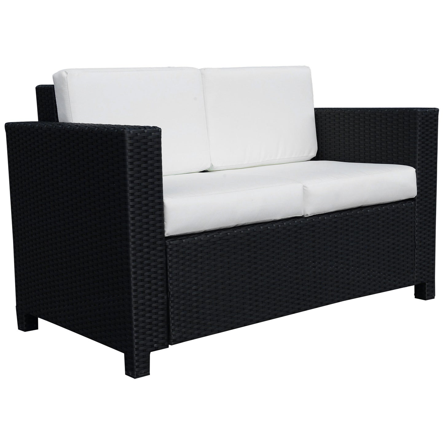 Photo of Outsunny Rattan Sofa, 2 Seater Garden Furniture with Soft Padded Cushion and Armrests, Wicker Garden Loveseat for Patio, Black in Black colour on a white background