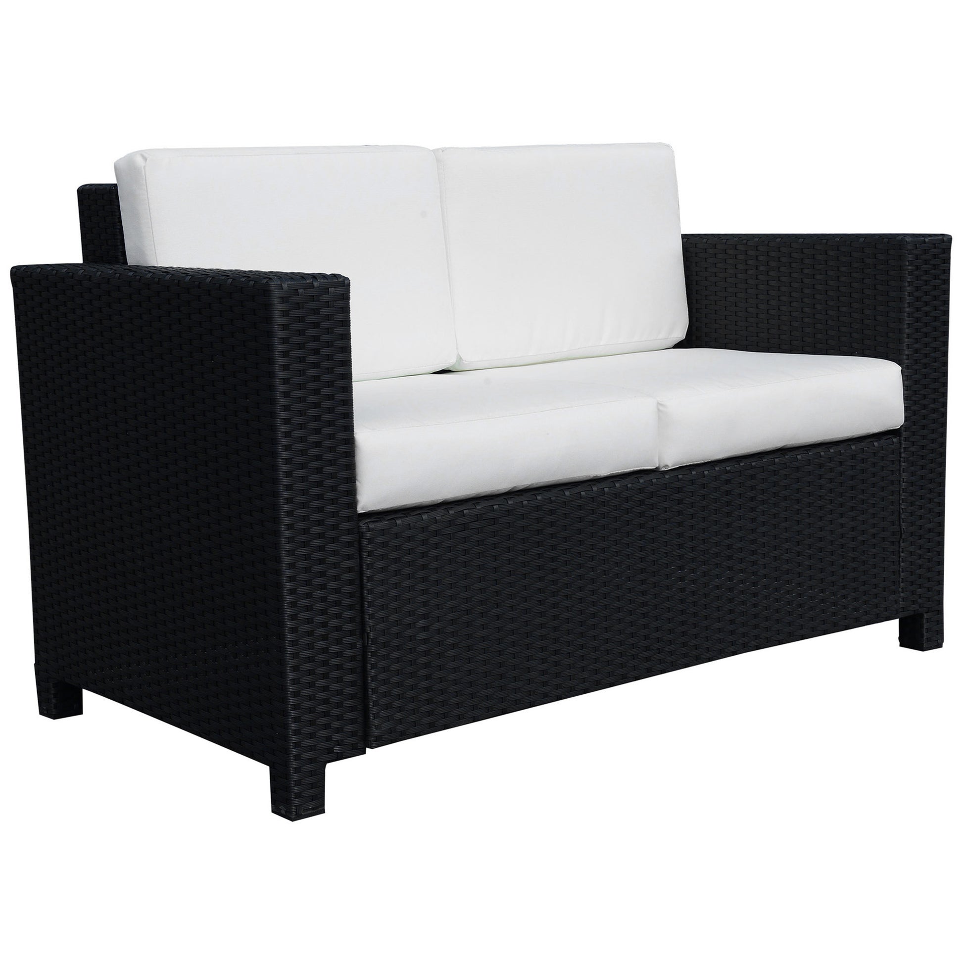 Photo of Outsunny Rattan Sofa, 2 Seater Garden Furniture with Soft Padded Cushion and Armrests, Wicker Garden Loveseat for Patio, Black in Black colour on a white background