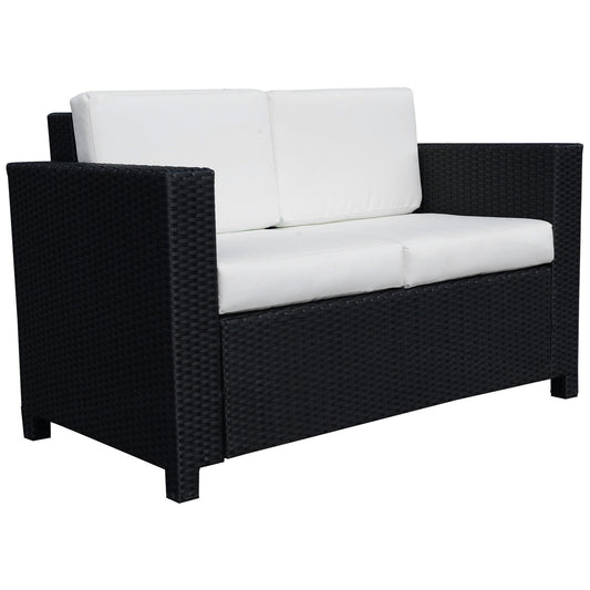 Photo of Outsunny Rattan Sofa, 2 Seater Garden Furniture with Soft Padded Cushion and Armrests, Wicker Garden Loveseat for Patio, Black in Black colour on a white background