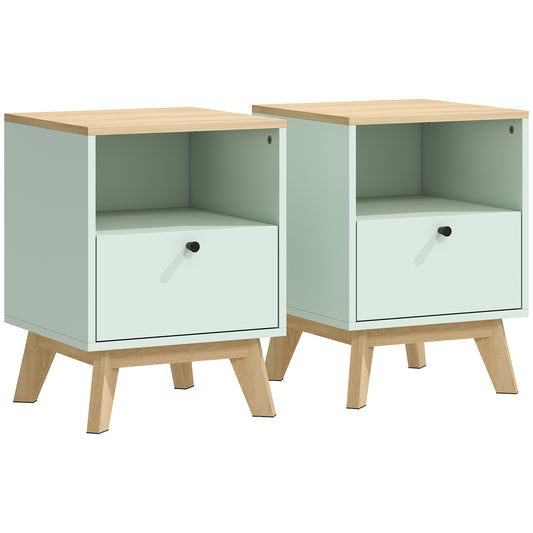 Photo of HOMCOM Modern Nightstand Set of 2, Bedside Table with Drawer and Open Shelf, Side End Table for Bedroom, Light Green in Green colour on a white background