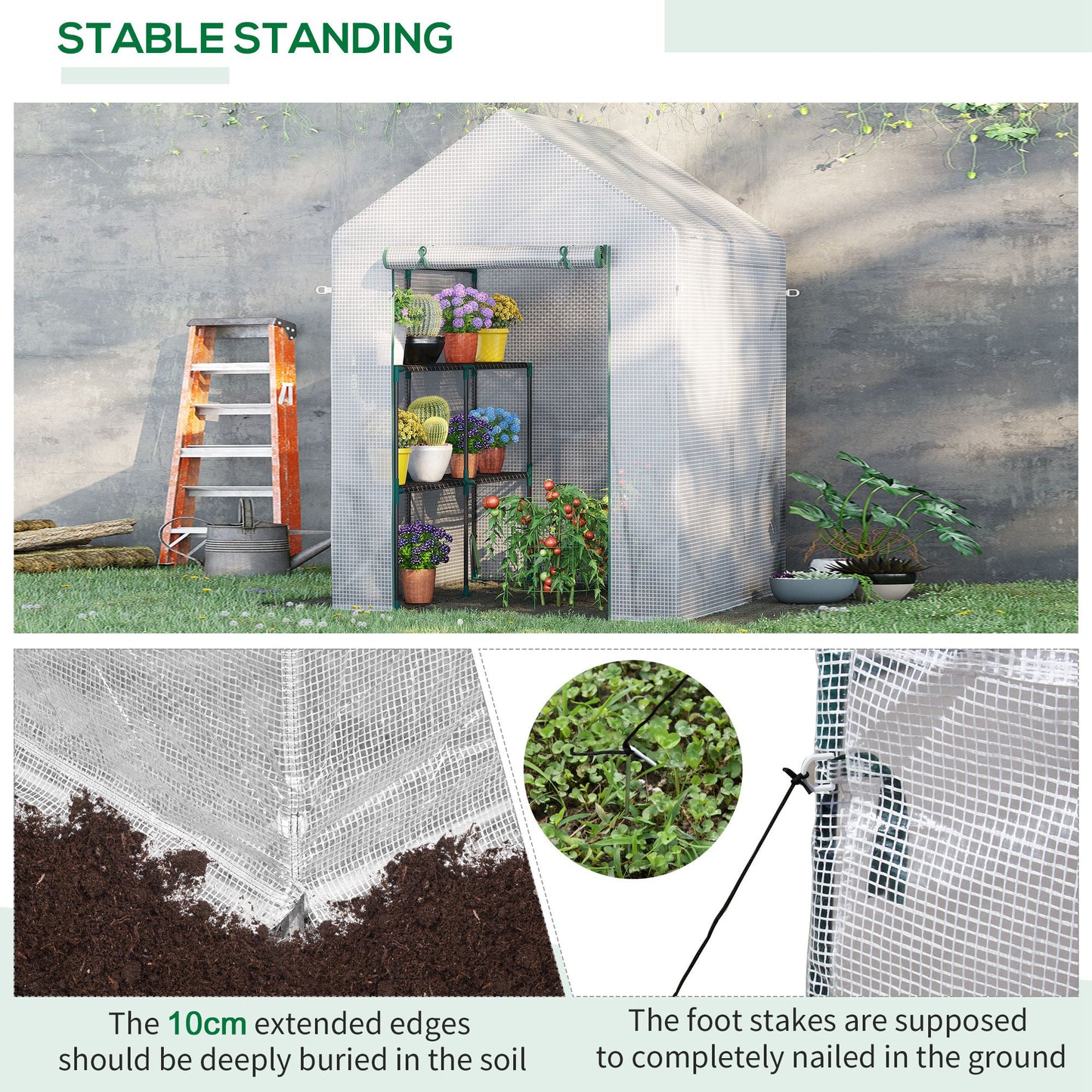 Outsunny Walk In Greenhouse with 2 Tier Shelf, Portable Gardening Plant Grow House Tomato Greenhouse with Roll up Zip Panel Door, Reinforced PE Cover, 143 x 143 x 195cm, Green
