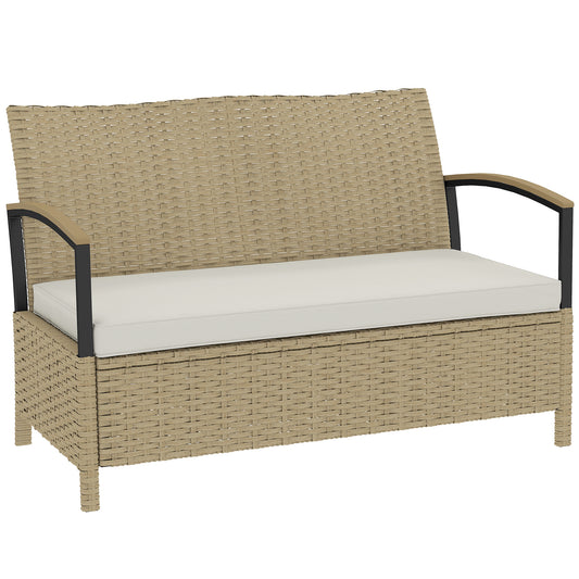 Photo of Outsunny 125L Garden Storage Bench, 2 Seater PE Rattan Outdoor Bench Storage Box with Padded Cushion, Khaki in Khaki colour on a white background