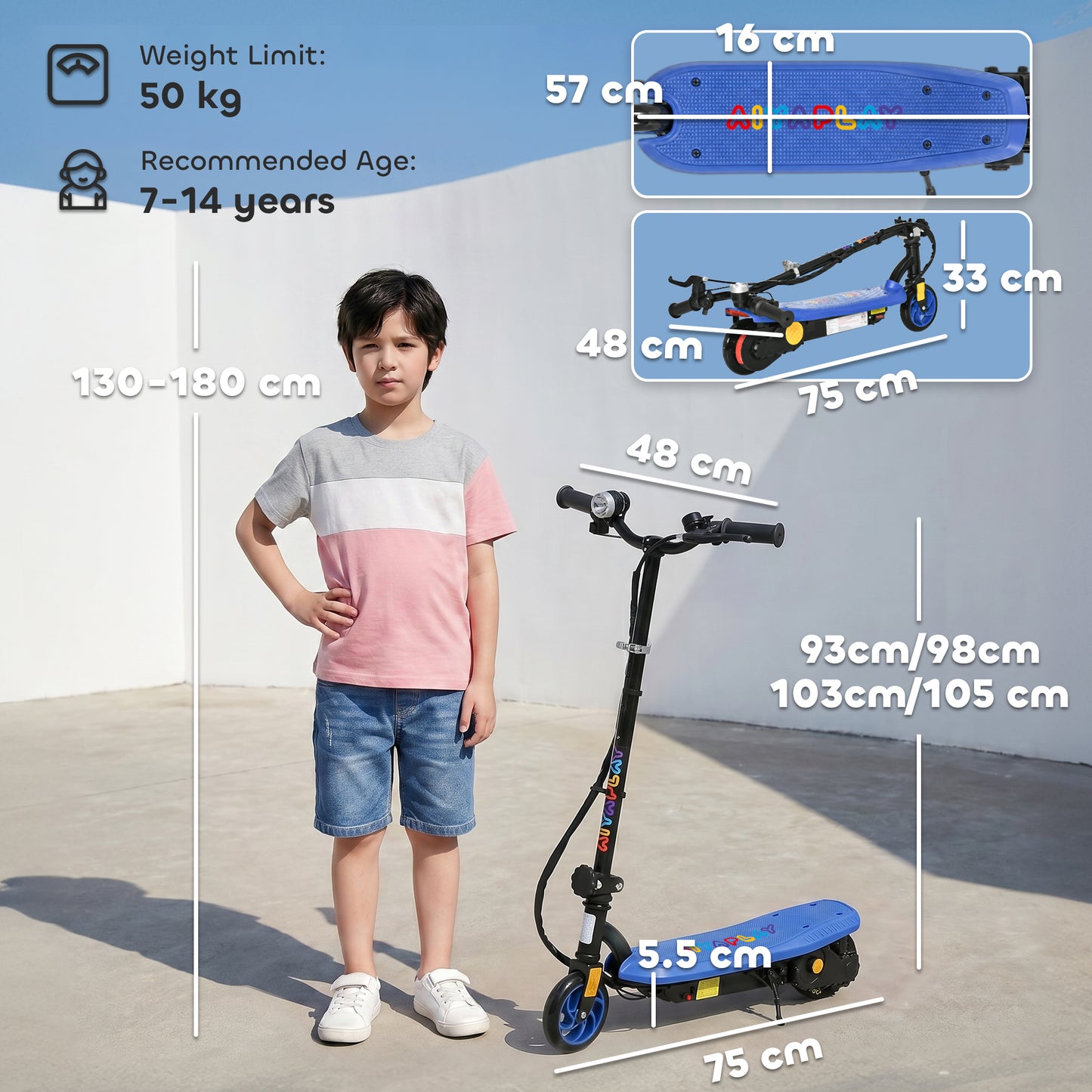 HOMCOM Foldable Electric Scooter, with LED Lights, for Ages 7-14 Years, Blue