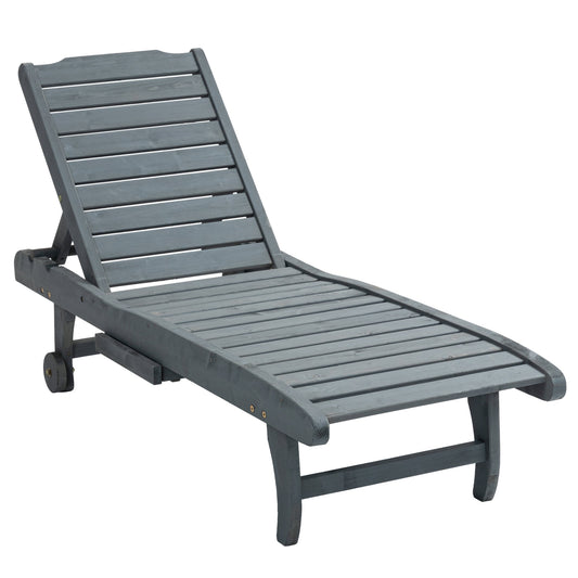 Photo of Outsunny Garden Patio Sun Lounger, Outdoor Wooden Sun Bed with Built-In Table, Reclining Backrest and Rolling Wheels for Sunbathing, Grey in Grey colour on a white background