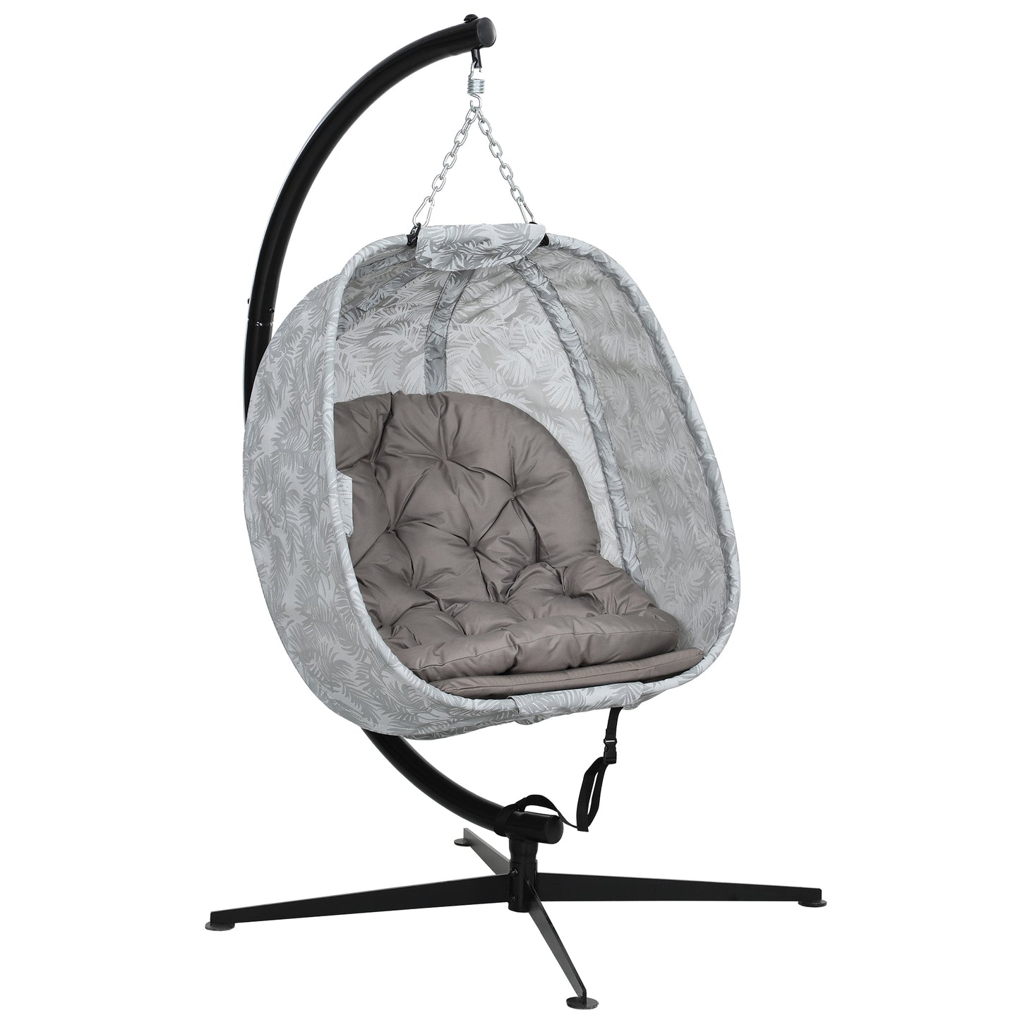 Photo of Outsunny Hanging Egg Chair Outdoor Indoor Garden Swing Chair with Folding Basket, Garden Hanging Chair with Stand, Thickened Cushion, Cup Holder for Patio, Balcony, Sand Brown in Brown colour on a white background