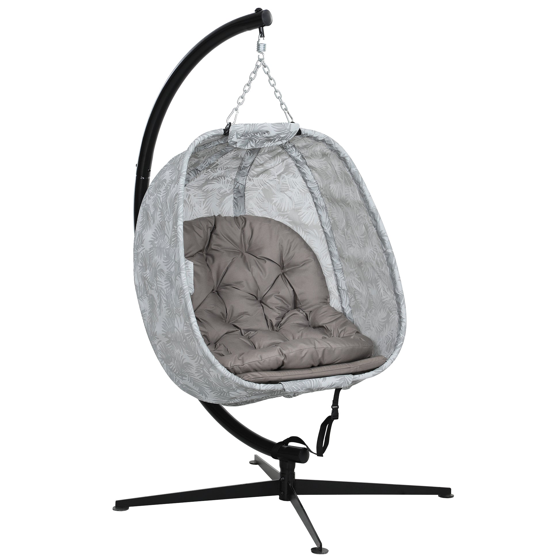 Photo of Outsunny Hanging Egg Chair Outdoor Indoor Garden Swing Chair with Folding Basket, Garden Hanging Chair with Stand, Thickened Cushion, Cup Holder for Patio, Balcony, Sand Brown in Brown colour on a white background