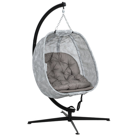 Photo of Outsunny Hanging Egg Chair Outdoor Indoor Garden Swing Chair with Folding Basket, Garden Hanging Chair with Stand, Thickened Cushion, Cup Holder for Patio, Balcony, Sand Brown in Brown colour on a white background